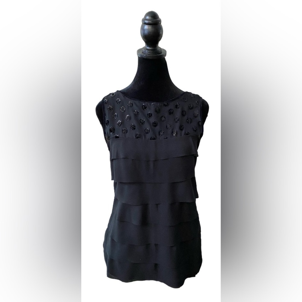 Loft: Black Sleeveless Ruffle Teir Blouse with Polka Dots